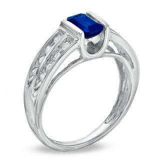 Emerald-Cut Blue Sapphire and 0.15 CT. T.W. Diamond "U" Ring in 14K White Gold