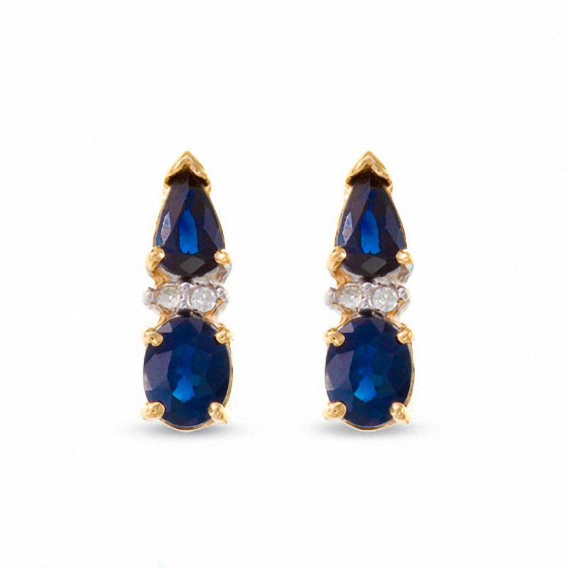 Oval and Pear Blue Sapphire Fashion Earrings in 10K Gold with Diamond Accents