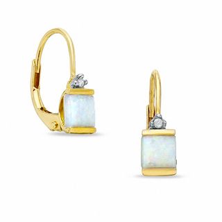 Square Opal Leverback Earrings in 10K Gold with Diamond Accents