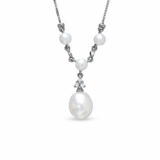 6.5-7.0mm Pink Freshwater Cultured Pearl and Diamond Accent Drop "Y" Necklace in 10K White Gold-17"