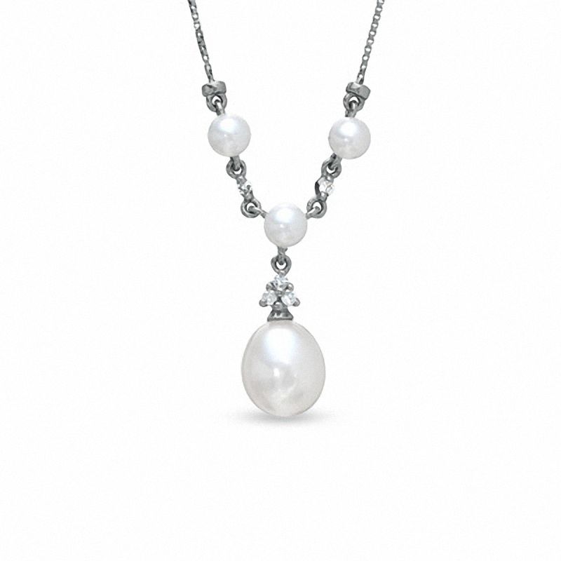 6.5-7.0mm Pink Freshwater Cultured Pearl and Diamond Accent Drop "Y" Necklace in 10K White Gold-17"|Peoples Jewellers