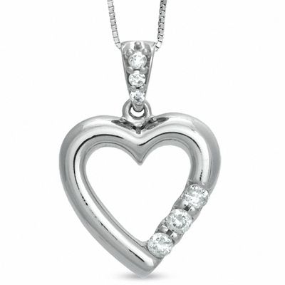 0.23 CT. T.W. Diamond Three Stone Past Present Future Heart Pendant in 14K White Gold