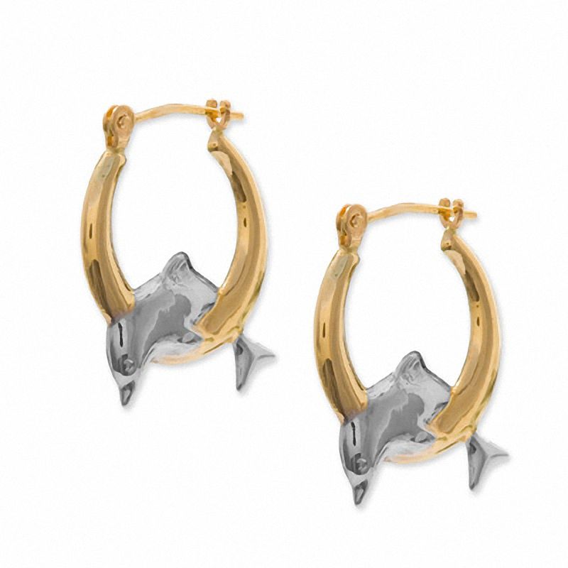 14K Two-Tone Gold Dolphin Hoop Earrings|Peoples Jewellers