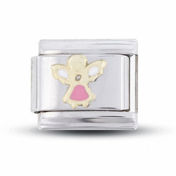 Pink Enamel Angel Italian Charm in Stainless Steel and 18K Gold-Tone Accents