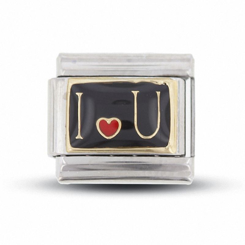 Enamel Black and Red 'I Heart U' Italian Charm in Stainless Steel with 18K Gold-Tone Accents