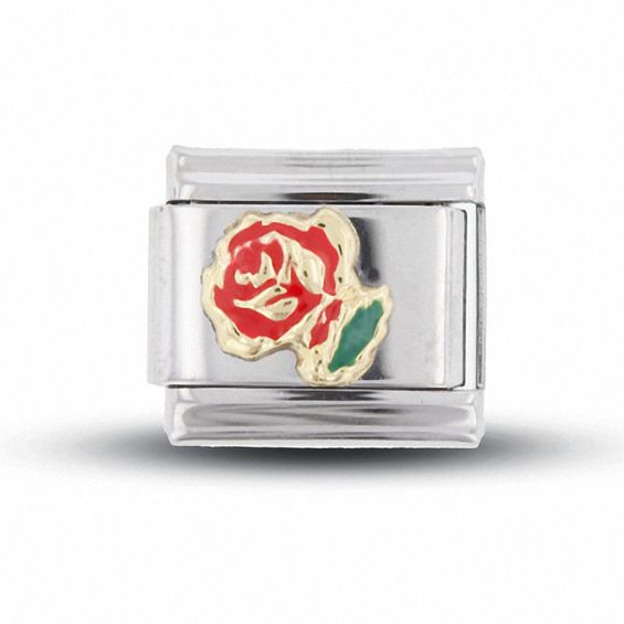 Enamel Rose Italian Charm in Stainless Steel with 18K Gold-Tone Accents