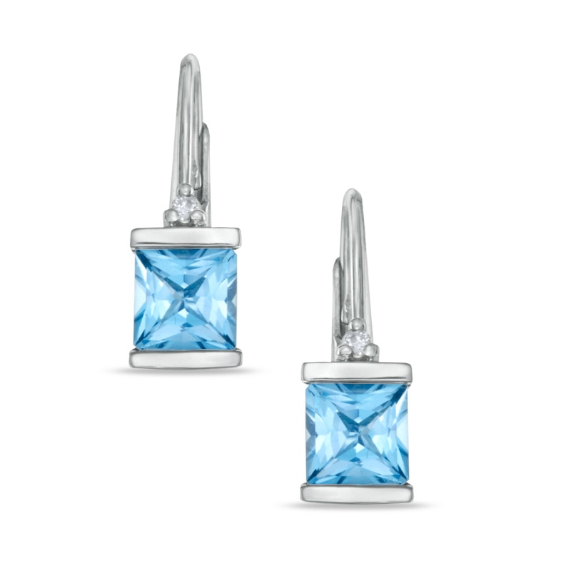 5.0mm Princess-Cut Blue Topaz and Diamond Accent Leverback Earrings in 10K White Gold