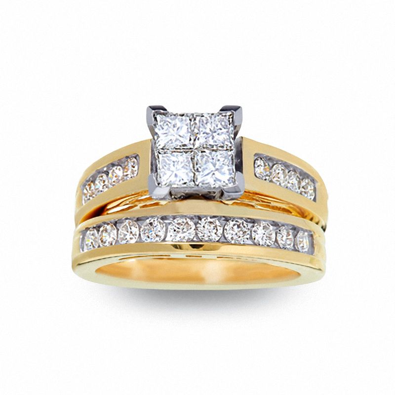 Main Image 1 of 1.50 CT. T.W. Quad Square-Cut Diamond Bridal Set in 14K Gold