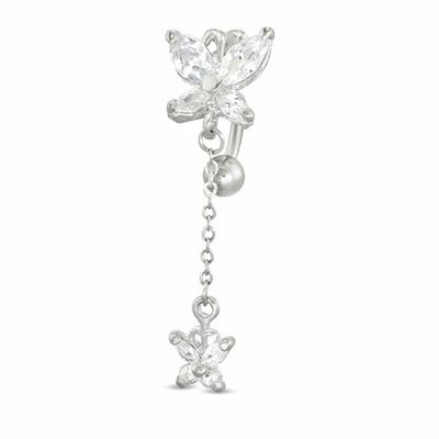 Butterfly Dangle Top Down Belly Button Ring with Cubic Zirconia in Stainless Steel