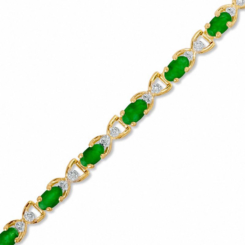 Oval Emerald and Diamond Accent X Bracelet in 10K Gold - 7.25"