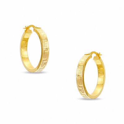 Hollow 10K Gold Greek Key Hoop Earrings