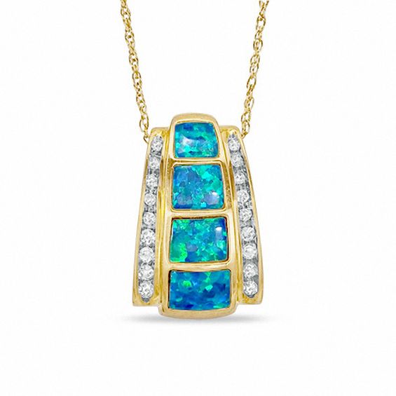 Cabochon Lab-Created Opal Inlay and 0.10 CT. T.W. Diamond Pendant in 10K Gold