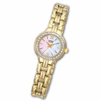 Ladies' Citizen Gold-Tone Watch with Crystals and Mother-of-Pearl Dial (Model: EJ5502-53D)