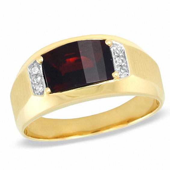 Men's Barrel Garnet and Diamond Accent Ring in 10K Gold