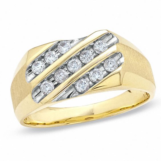 Men's 0.50 CT. T.W. Diamond Three Slant Row Luxury Fit Wedding Band in 10K Gold