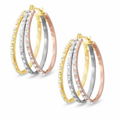 Diamond Fascination™ Triple Hoop Earrings in 14K Tri-Tone Gold