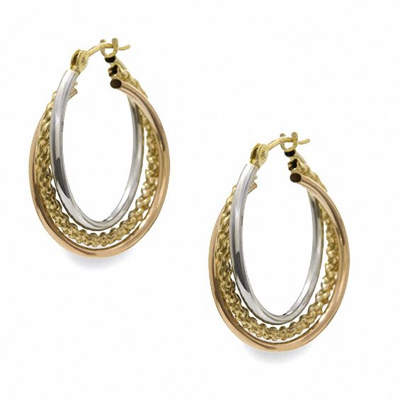 14K Tri-Tone Gold Medium Three-Row Hoop Earrings