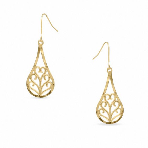 14K Gold Filigree Heart Teardrop Earrings