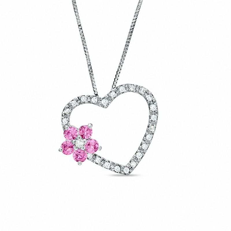 Pink Sapphire and 0.12 CT. T.W. Diamond Flower Heart Pendant in 10K White Gold|Peoples Jewellers