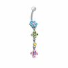 Flower Dangle Belly Button Ring with Multi-Colour Cubic Zirconia in Stainless Steel