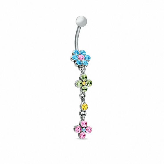 Flower Dangle Belly Button Ring with Multi-Colour Cubic Zirconia in Stainless Steel