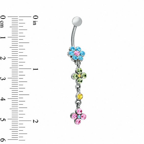 Flower Dangle Belly Button Ring with Multi-Colour Cubic Zirconia in Stainless Steel