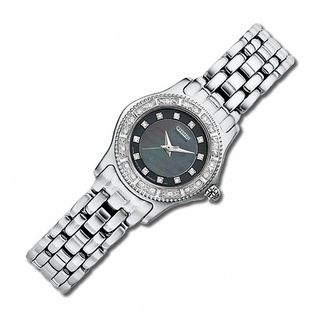 Ladies' Citizen Eco-Drive Riega Watch with Black Mother-Of-Pearl Dial and Diamond Bezel (Model: EP5630-55Y)