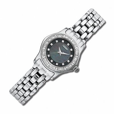 Ladies' Citizen Eco-Drive Riega Watch with Black Mother-Of-Pearl Dial and Diamond Bezel (Model: EP5630-55Y)