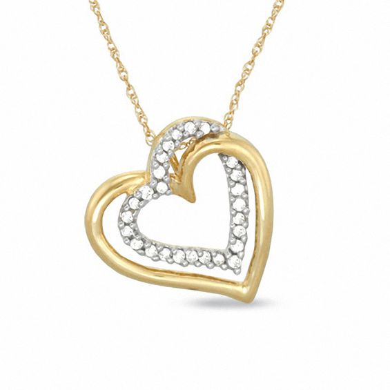 0.11 CT. T.W. Diamond Tilted Double Heart Pendant in 10K Gold | Peoples