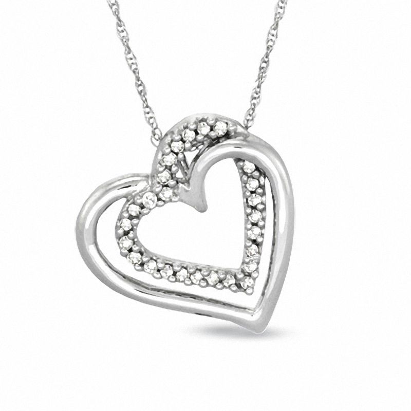 Main Image 1 of 0.12 CT. T.W. Diamond Tilted Double Heart Pendant in 10K White Gold