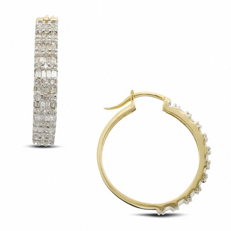 0.74 CT. T.W. Baguette and Round Diamond Hoop Earrings in 10K Gold|Peoples Jewellers