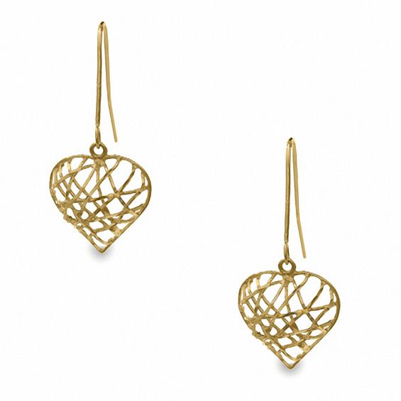 14K Gold Netted Heart Dangle Drop Earrings