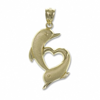 10K Gold Dolphin with Heart Charm Pendant