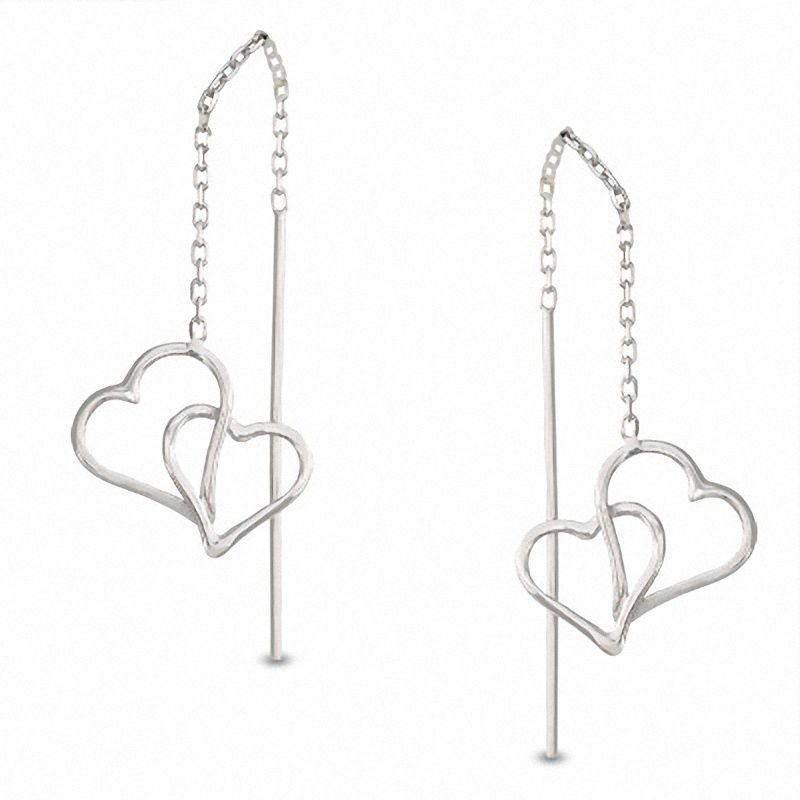 14K White Gold Double Heart Threader Earrings|Peoples Jewellers