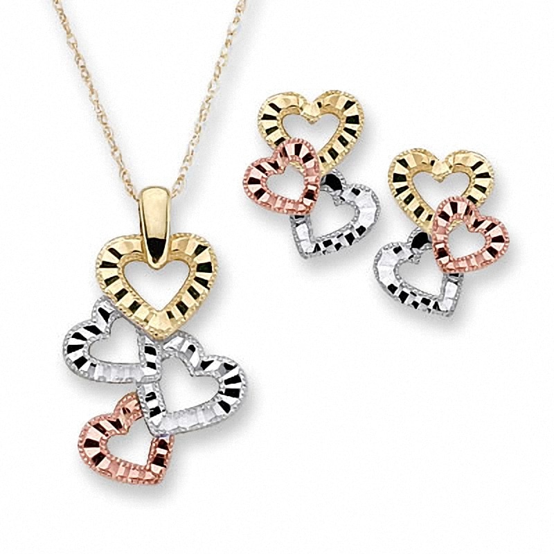 Heart Pendant and Earring Set in Tri-Colour 10K Gold
