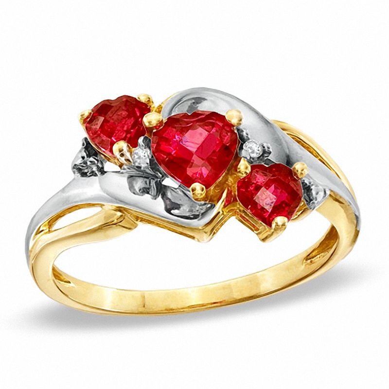 Heart-Shaped Lab-Created Ruby and Diamond Accent Three Heart Ring in 10K Two-Tone Gold|Peoples Jewellers