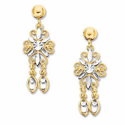 10K Two-Tone Gold Diamond-Cut Filigree Dangle Earrings