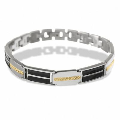 Men's Onyx Link Bracelet in Stainless Steel and 10K Gold