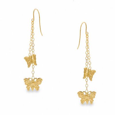 14K Gold Butterfly Dangle Drop Earrings