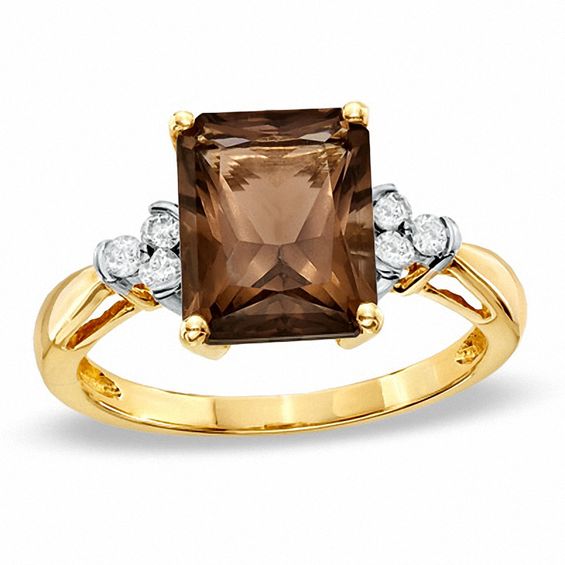 Octagonal Smoky Quartz and Diamond Accent Ring in 10K Gold