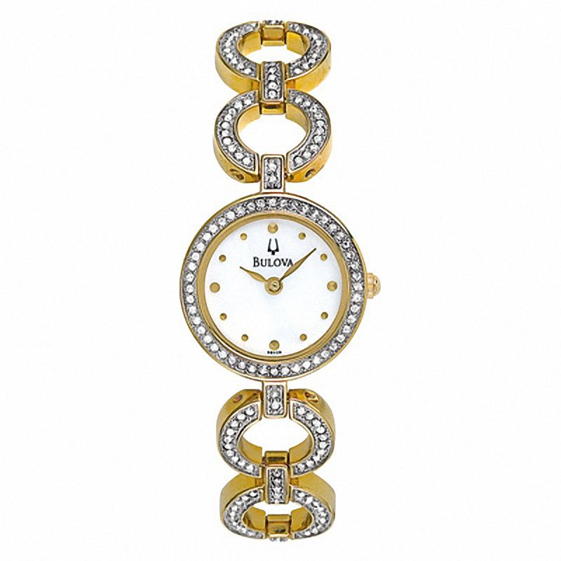 Ladies' Bulova Gold-Tone Crystal Accent Watch with Mother-of-Pearl Dial (Model: 98V26)
