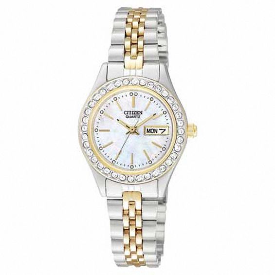 Ladies' Citizen Two-Tone Watch with Crystals and Mother-Of-Pearl Dial (EQ0534-50D)