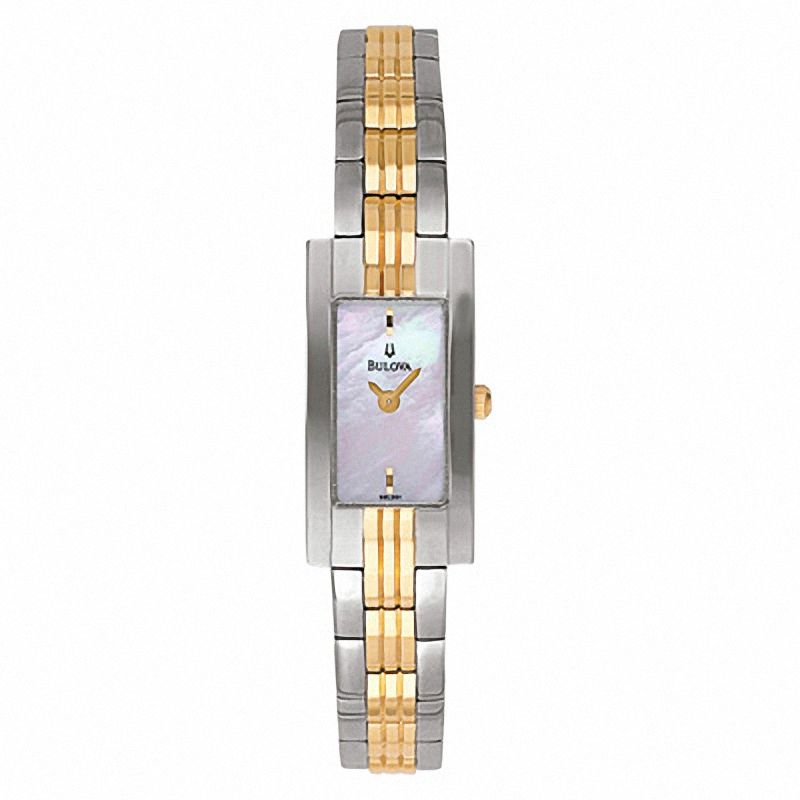 Ladies Bulova Two-Tone Watch with Mother-of-Pearl Rectangular Dial (Model: 98L001)