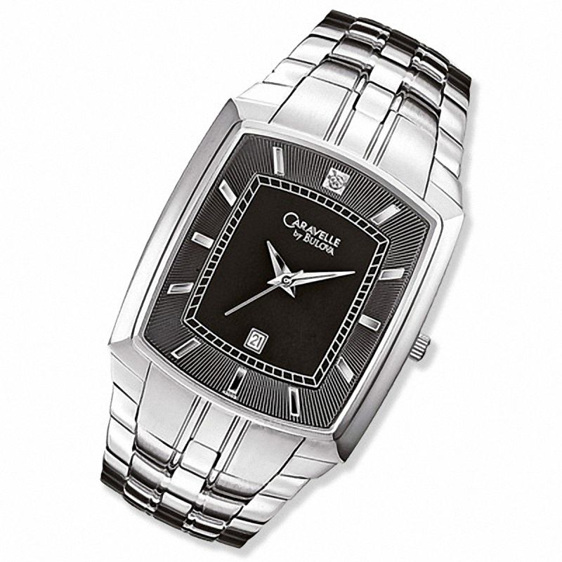 Men's Caravelle Stainless Steel Watch with Black Dial and Diamond Accent (Model: 43D001)