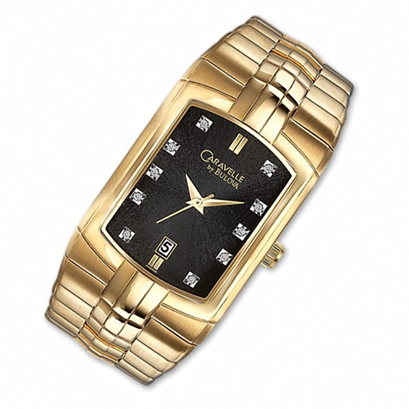 Men's Caravelle Diamond Accent Gold-Tone Watch with Rectangular Black Dial (Model: 44D000)