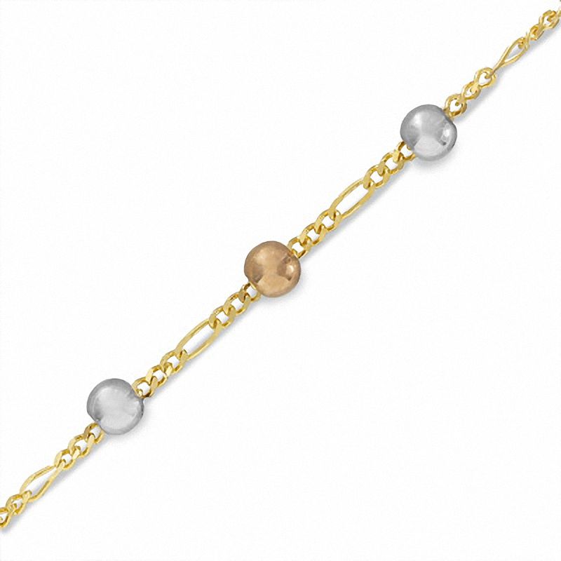 10K Gold Tri-Tone Adjustable Bead Station Anklet - 9.0"