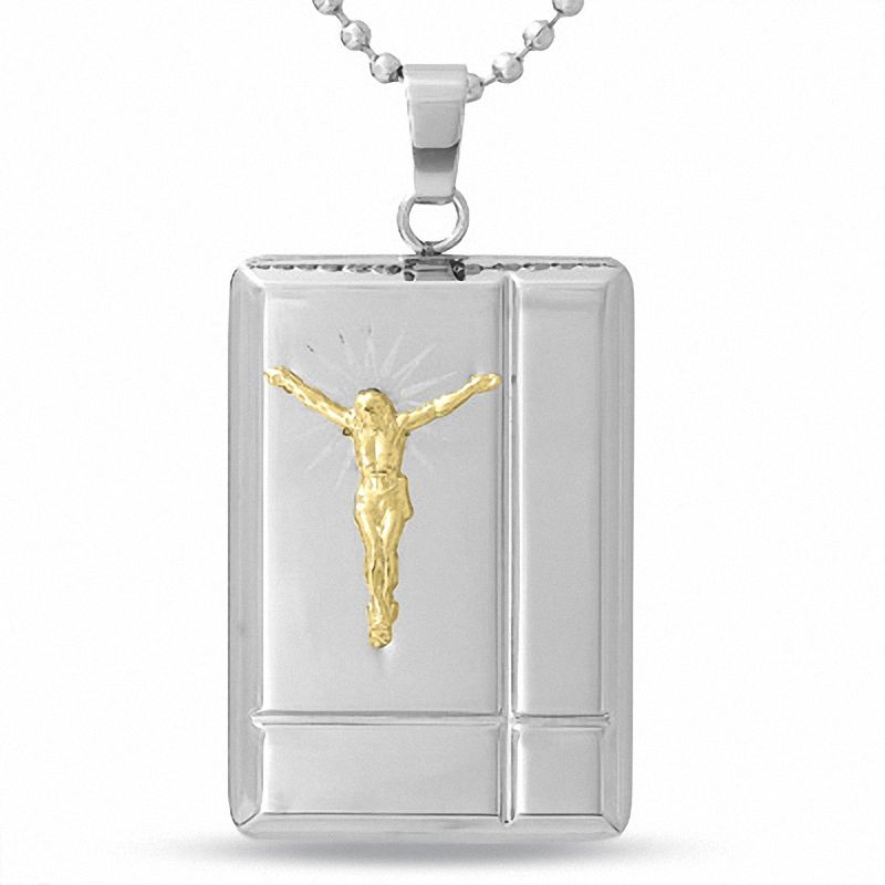 Stainless Steel Medallion with 10K Gold Crucifix - 24"|Peoples Jewellers