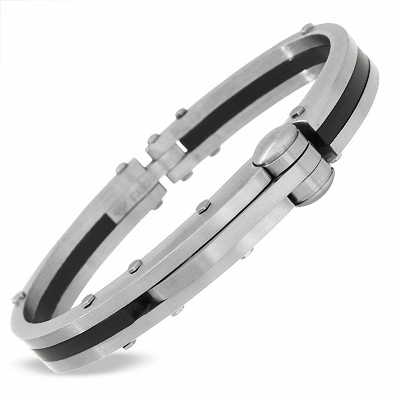 Men's Stainless Steel and Black Rubber Fashion Cuff