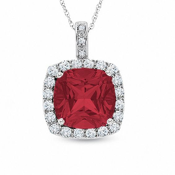 Lab-Created Cushion-Cut Ruby and White Sapphire Pendant in 10K White Gold