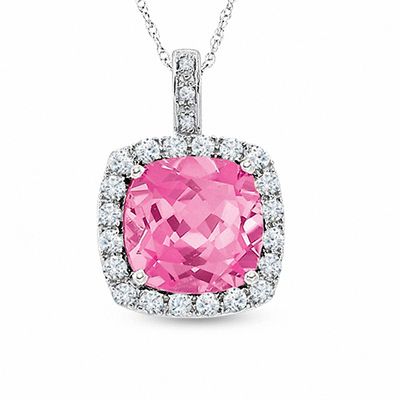 Cushion-Cut Lab-Created Pink and White Sapphire Pendant in 10K White Gold with Diamond Accents